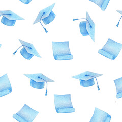 Watercolor seamless pattern blue graduate cap and scroll fly. Cute children's, school illustration with paints.