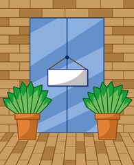 blue door on brown wall illustration background