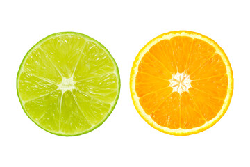 Slice of fresh orange with lime isolated on white background
