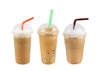 Triple Iced coffee in plastic cup isolated on white background with clipping path