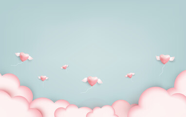 Pink heart balloons love illustration on a light blue green background. A winged heart is flying high in the sky, the concept of love is freedom like a bird without borders.