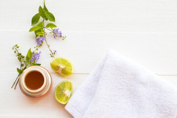 herbal aroma face mask extract vegetation honey lemon health care for skin face arrangement flat lay style on background white wooden