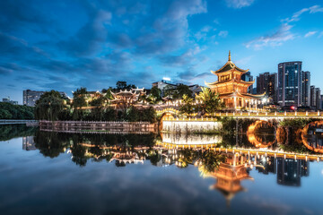 Fototapeta na wymiar Guiyang China skyline at Jiaxiu Pavilion on the Nanming River