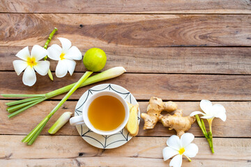 hot ginger water herbal healthy drinks health care for cough sore with ginger slice, lemongrass,...