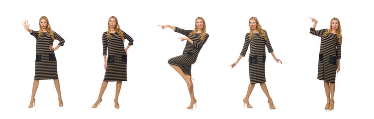 Pretty woman in brown dress isolated on white