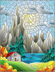 Illustration in stained glass style with a lonely house on a background of pine forests, lakes , mountains and day-Sunny sky with clouds,autumn landscape