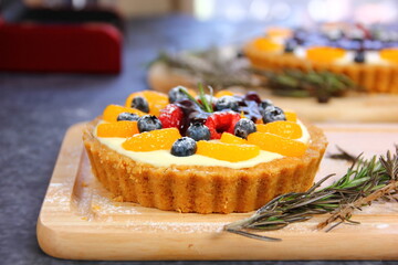 mix fruit pie orange,buleberry,raspberry,strawberry on top , home made pie