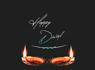 Illustration of Happy Diwali with glowing diyas greeting wish poster