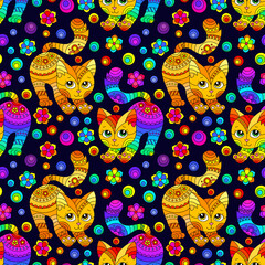 Seamless pattern with bright cats and flowers in stained glass style on a dark background