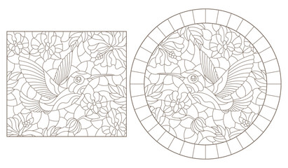 Set of contour illustrations of stained glass Windows with Hummingbird birds and flowers, dark outlines on a white background