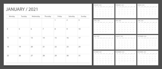 Fototapeta Calendar 2021 week start Monday corporate design planner template. obraz