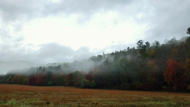 Wide, timelapse, autumn landscape with a heavy fog moving, North Carolina, USA