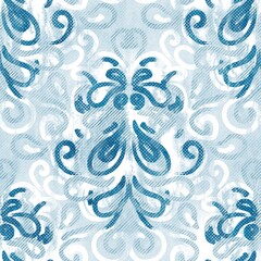 Seamless blue ink pen crosshatch damask blueprint pattern. High quality illustration. Draft sketch like graphic design. Pencil or pen ink drawing with realistic smudges. Seamless repeat raster design.