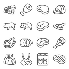 Meat food icon illustration vector set. Contains such icon as Steak, Sausage, Beef, Pork, Lamb, Bacon, and more. Expanded Stroke