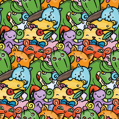 Cute doodle smiling monsters seamless pattern for child prints, designs and coloring books