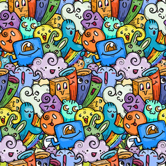 Nice doodle smiling monsters seamless pattern for child prints, designs and coloring books