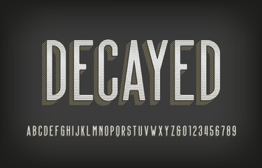 Decayed alphabet font. Scratched vintage letters and numbers. Vector typescript for your typography design.