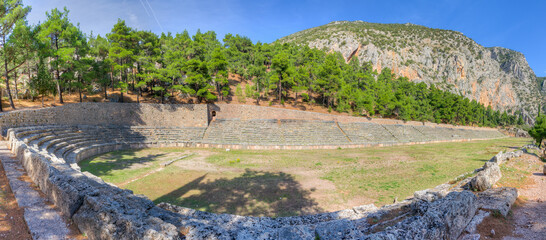 Panorama of the ancient stadium of Delphi, Greece.