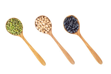 Mix beans wooden spoon isolated on white backgroun, health care concept