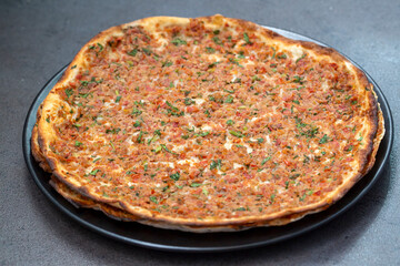 Traditional delicious Turkish foods; Lahmacun (Turkish pizza)