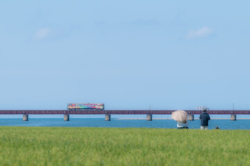 Fototapeta na wymiar 鉄橋を渡るローカル列車と老夫婦の後姿（背景：青空と海）
