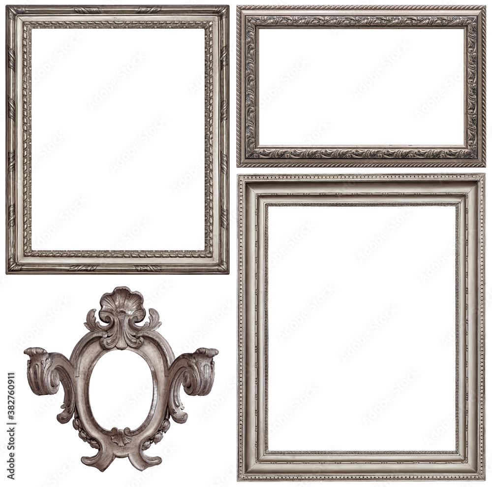 Wall mural set of silver frames for paintings, mirrors or photo isolated on white background