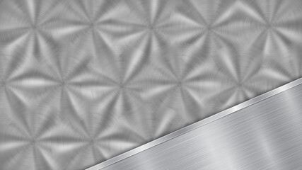 Background in silver and gray colors, consisting of a shiny metallic surface and one polished plate located in diagonal, with a metal texture, glares and burnished edge