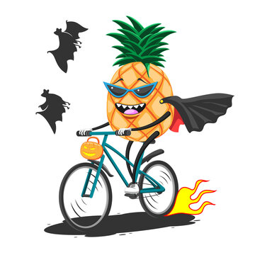 Cartoon pineapple in sunglasses raincoat on Bicycle rides with basket for Halloween, vector image