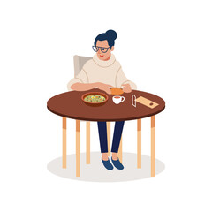 Cheerful young woman sitting in cafe. Vector flat cartoon illustration.