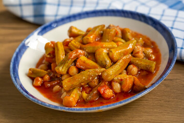 Traditional, delicious Turkish food; Okra dish (Adana style okra with chickpeas)