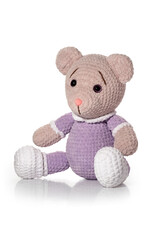 Knitted toy. Brown bear on white background. Full depth of field. With clipping path.