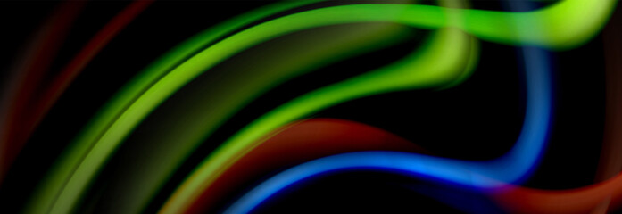 Dynamic motion abstract background. Color blurred stripes on black. Wave liquid lines poster. Vector illustration