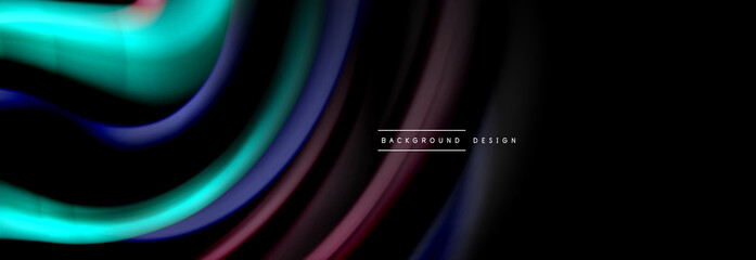 Dynamic motion abstract background. Color blurred stripes on black. Wave liquid lines poster. Vector illustration