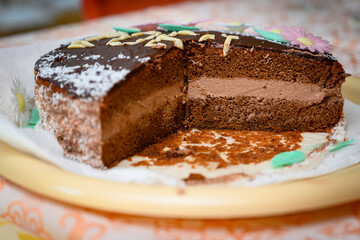 Chocolate cream cake with a triangular slice.