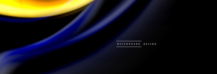Dynamic motion abstract background. Color blurred stripes on black. Wave liquid lines poster. Vector illustration