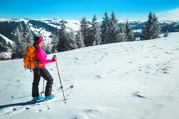 Fototapeta na wymiar Ski touring on the snowy hills, Carpathians, Transylvania, Romania