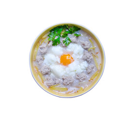 Rice porridge with egg , pork ang ginger  top view isolated on white background , clipping path