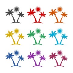 Palm tree island and sun icon, color set