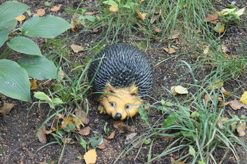 Decorative hedgehog on the lawn. Top view. Russia.