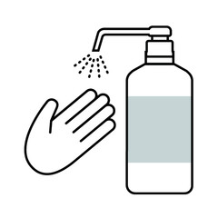 白のボトルから出たスプレーで手のひらを消毒