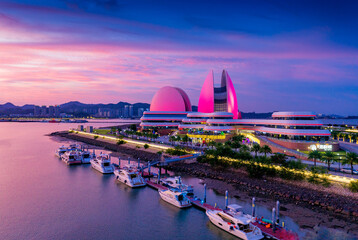 Night aerial view of Zhuhai Grand Theatre, Guangdong Province, China