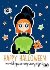 Happy Halloween - Cute little witch, cats, spiders and stars - Party invitation - Illustration