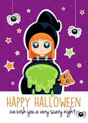 Happy Halloween - Cute little witch, cats, spiders and stars - Party invitation - Illustration