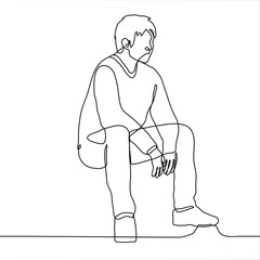 drawing of a full-length man sitting with his legs wide apart and leaning on them with his elbows. one line drawing resting guy sitting on an invisible chair