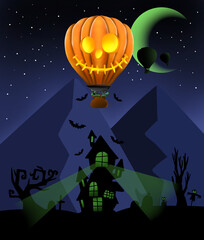 Halloween background. Scary pumpkin balloons float in the sky in a eerie atmosphere.