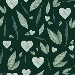 Watercolor seamless pattern on the theme of cleanliness and hygiene. Includes various shaped soaps and decorative leaves. Image for cosmetics and skin care products.