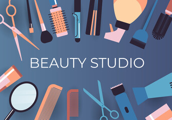 set hairdresser tools and accessories collection beauty salon concept horizontal vector illustration