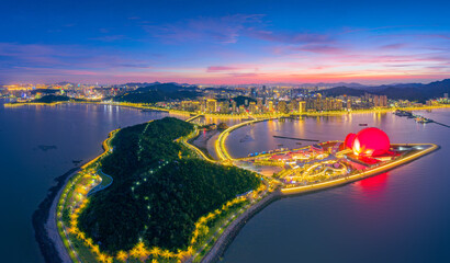 Night aerial view of Zhuhai Grand Theatre, Guangdong Province, China