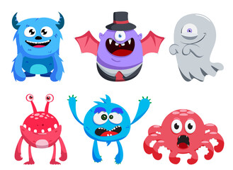 Halloween character vector set. Halloween horror characters like monster, octopus, bat and ghost isolated in white background for trick or treat cartoon collection design. Vector illustration