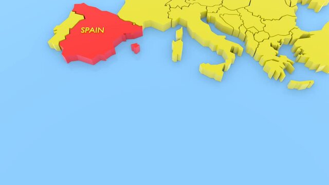 A 3D animated rendered map of Europe, focused on Spain with a map sticker. 3D rendered illustration.